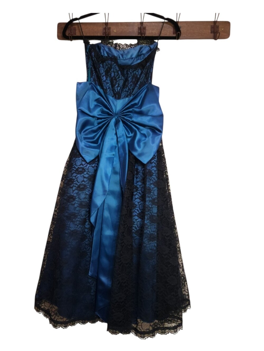 Vintage Gunne Sax x Jessica McClintock Blue & Black  Lace Tulle Formal Dress Bow